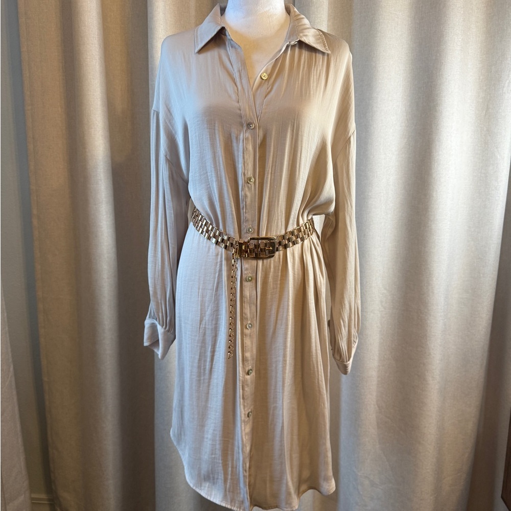 Rachel Zoe Beige Long Sleeve Shirt Dress